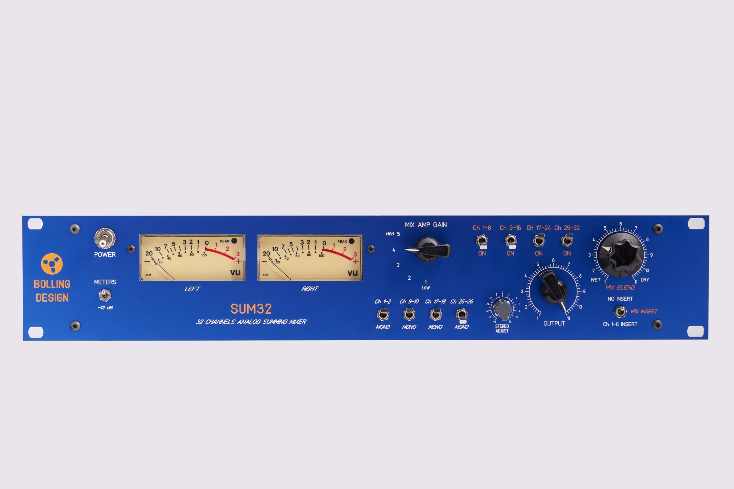 SUM32 Analog 32 channels active summing amplifier with stereo insertion.Exist in 24 channels, blue, no meters